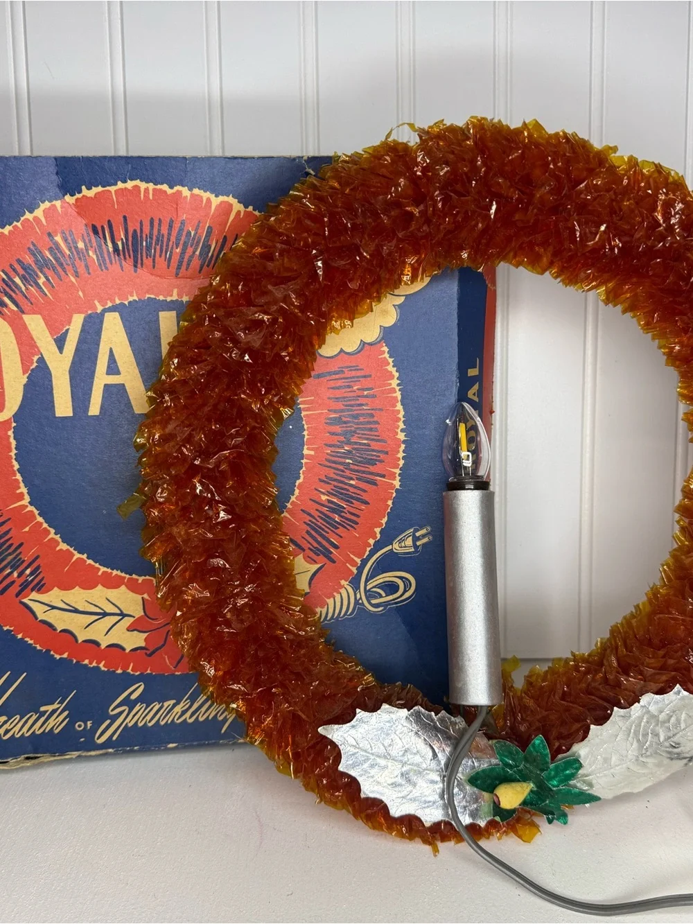 Vintage 1950s Royal Electric Illuminated Cellophane Christmas Wreath In Orig Box
